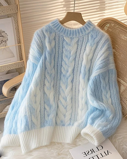 Blue Soft Glutinous Lazy High-grade Pullover Cable-knit Sweater