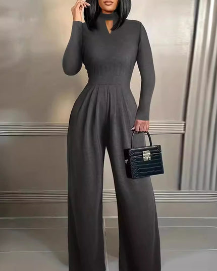 Small Turtleneck Long Sleeve Jumpsuit Knitted Casual Pants Straight