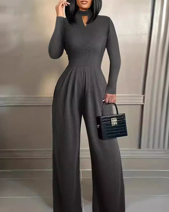 Small Turtleneck Long Sleeve Jumpsuit Knitted Casual Pants Straight