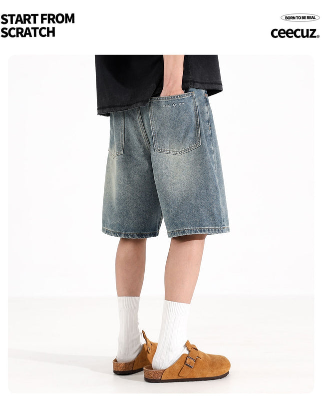 All-match Loose Straight Sports Shorts Washed Overalls Denim Shorts