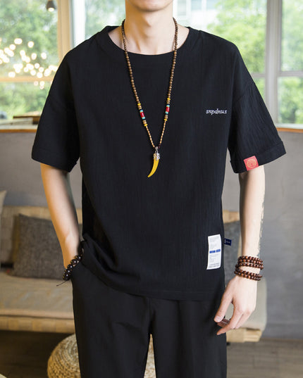 Chinese Men's Letter Embroidery Loose Half Sleeve Cotton Linen Short Sleeve