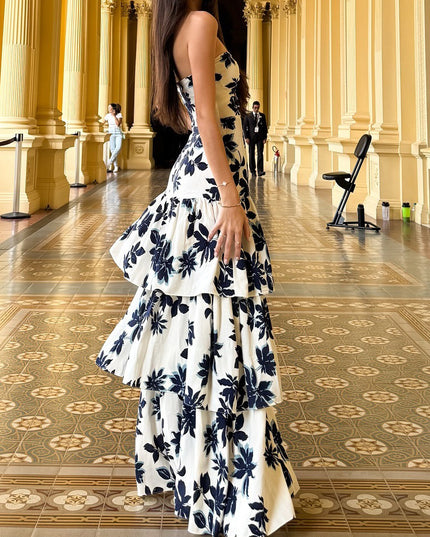Strapless Printed Ruffle Maxi Dress