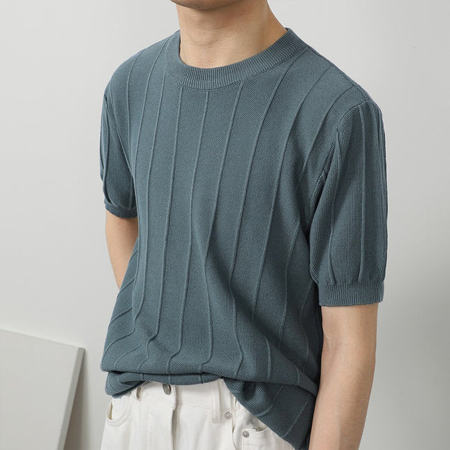 Ice Silk Knitted White Round Neck T-shirt Men's Short Sleeve