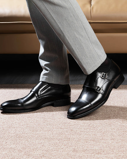 Double Buckle Design First Layer Cowhide Men's Business Leather Shoes