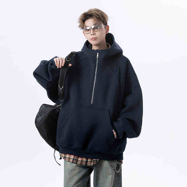 Cropped Hoodie Men's Loose Casual Half Zipper Jacket