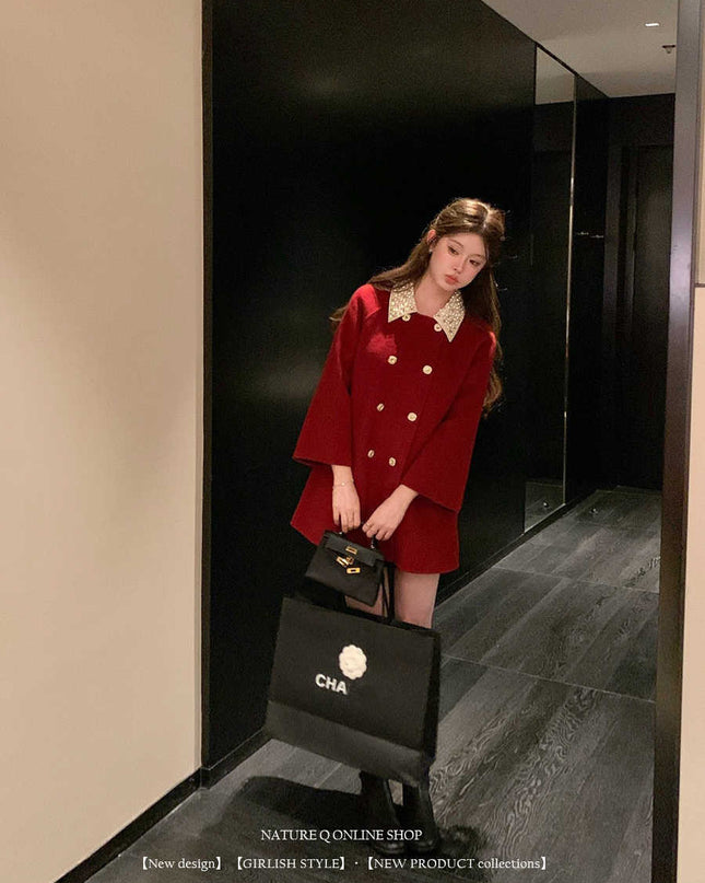 Women's Double-faced Woolen Goods Artificial Wool Black Coat