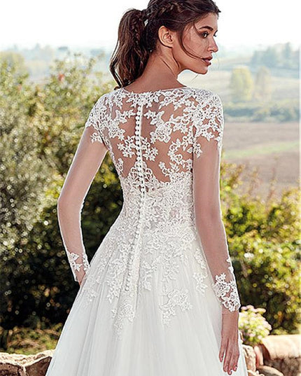 High U-neck Lace Long Sleeve A- Line Long Tail Simple Wedding Dress