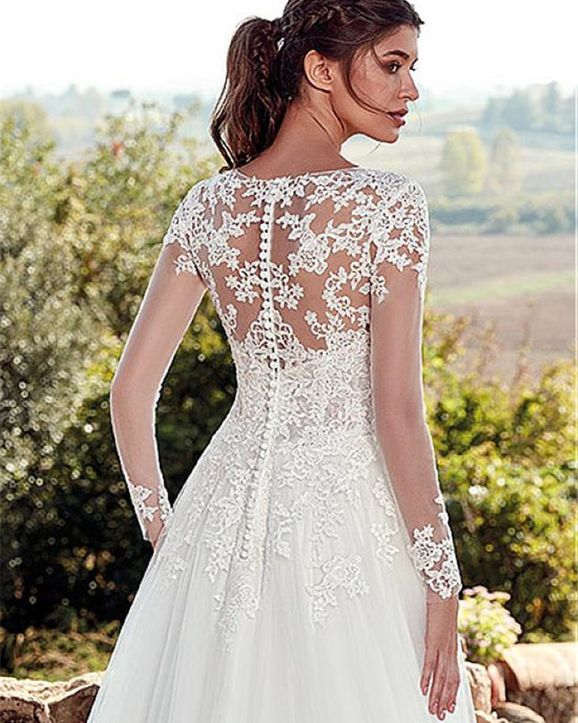 High U-neck Lace Long Sleeve A- Line Long Tail Simple Wedding Dress