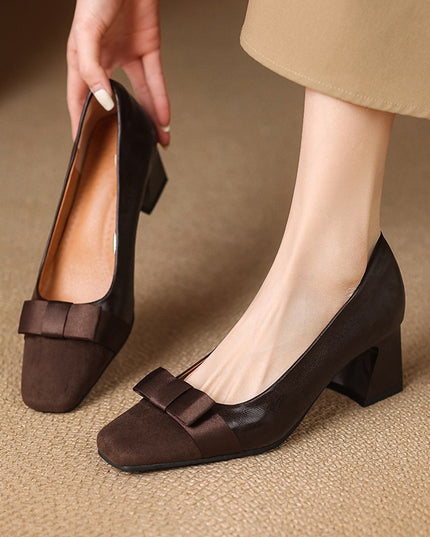 Retro Square Head Stitching Chunky Heel Pumps Women's Spring And Autumn New Bow Low-cut High Heels