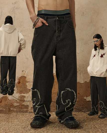 Men's Digital Cat Beard Affixed Cloth Embroidered Washed Jeans