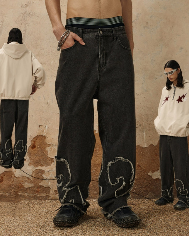 Men's Digital Cat Beard Affixed Cloth Embroidered Washed Jeans