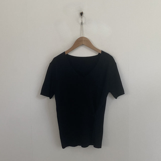 Summer Elegant V-neck Split Waist Fitted Short-sleeved Sweater