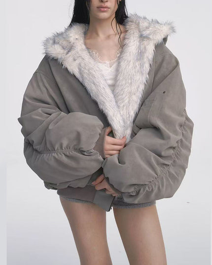 Gray Double-sided Dyed Pointed Fur Vintage Cotton-padded Jacket Coat