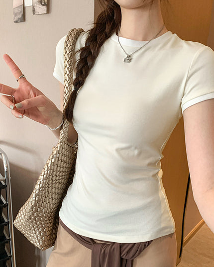 Korean Chic Color Contrast Patchwork Shoulder Round Neck Short Sleeve