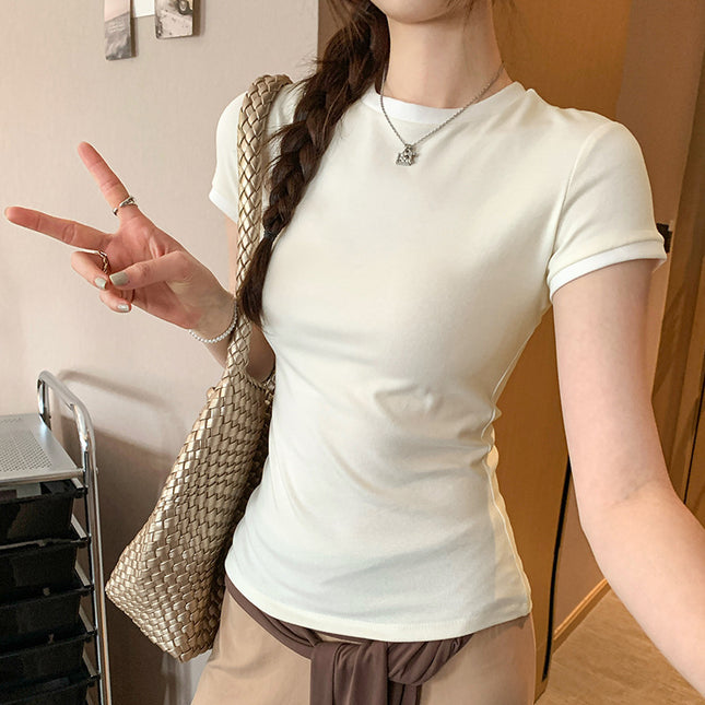 Korean Chic Color Contrast Patchwork Shoulder Round Neck Short Sleeve