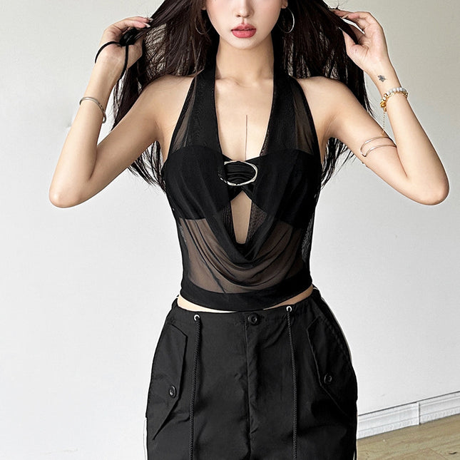 Underwear Bandeau Halter Sheer Mesh Vest Two-piece Set
