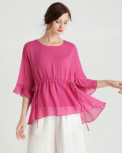 Summer New Style Temperament Short-Sleeved Plus Size Slimming Silk Blouse Women