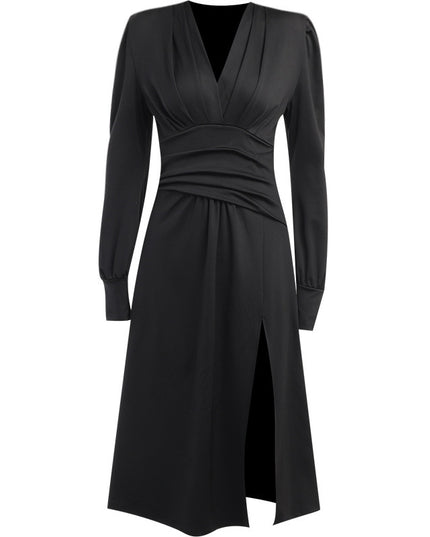 Pleat And Waisted Lantern Sleeve Dress Simple Adult Lady Like Woman Style