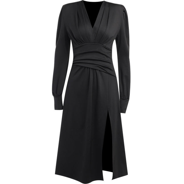 Pleat And Waisted Lantern Sleeve Dress Simple Adult Lady Like Woman Style