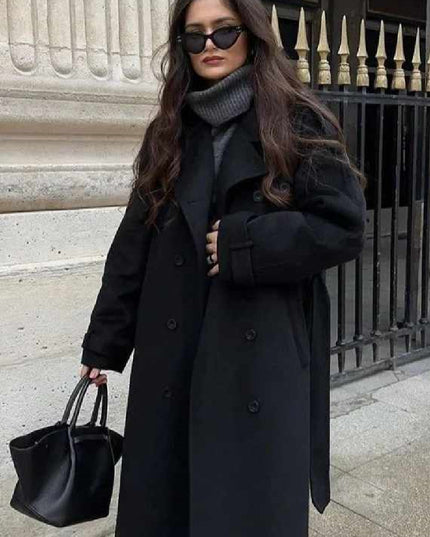 Women's Fashion With Belt Wool Large Coat