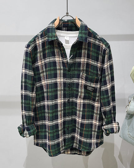 Green Plaid Cotton Long Sleeve Shirt