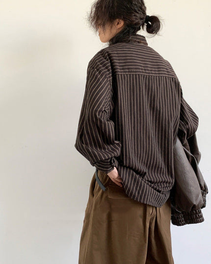 Spring And Autumn Japanese Retro Striped Shirt