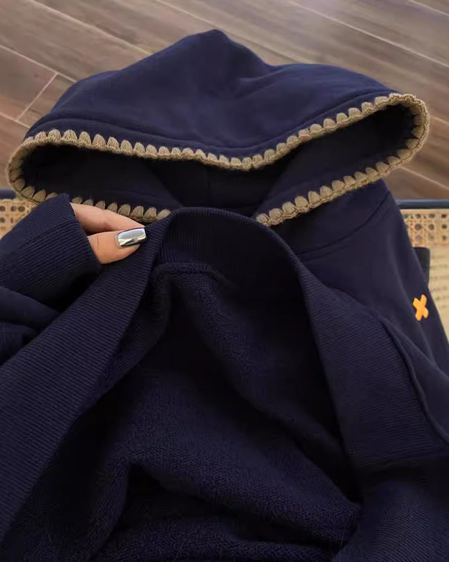 Retro Ethnic Style Woven Patch Versatile Loose Hooded Sweater