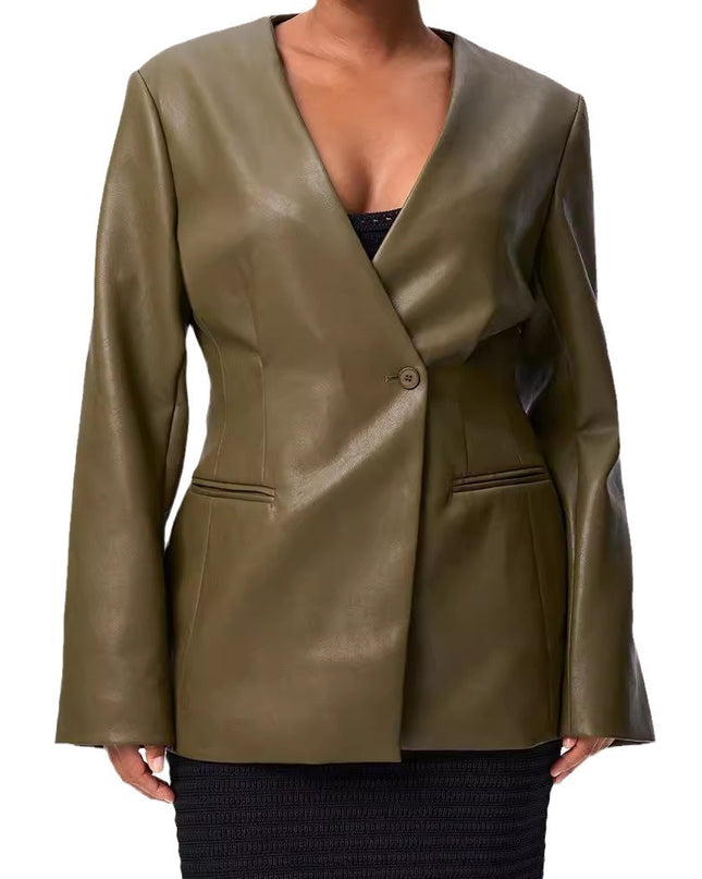 Fashionable Elegant Green V-neck Slim Suit Leather Coat