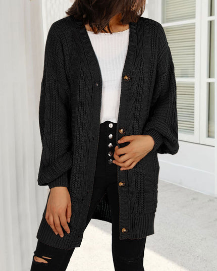Autumn New Knitted Solid Color Plus Size Cardigan V-neck Twist Lantern Sleeve Coat For Women