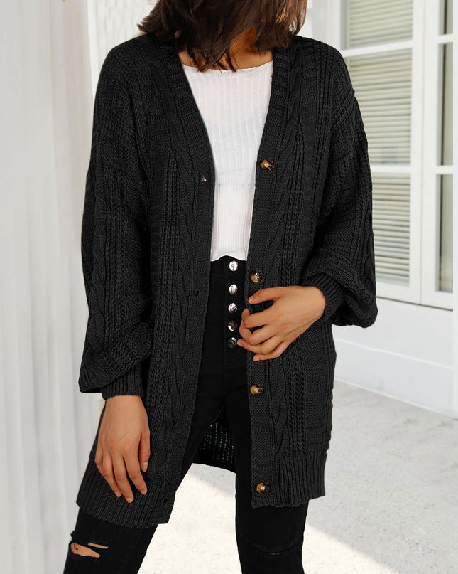 Autumn New Knitted Solid Color Plus Size Cardigan V-neck Twist Lantern Sleeve Coat For Women