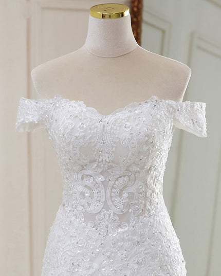 High Waist White Temperament Dream Lace Mid-waist Long Tail V-neck Wedding Dress