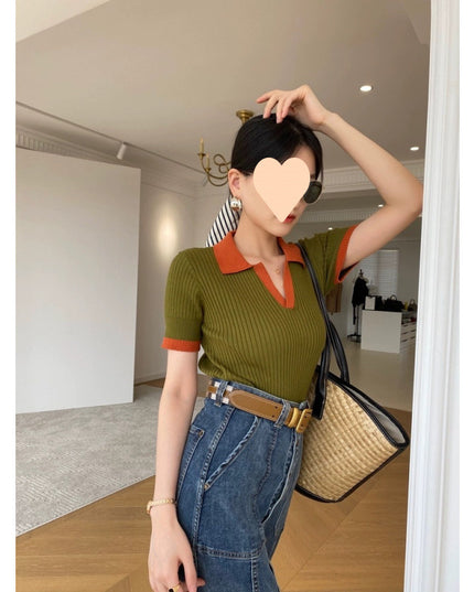 Women's French Retro Color Effect Collar Knitted Short Sleeve