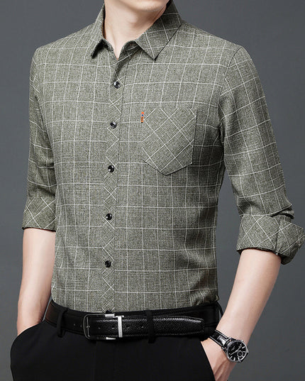 Linen-like Plaid Long-sleeved Shirt For Middle-aged Men