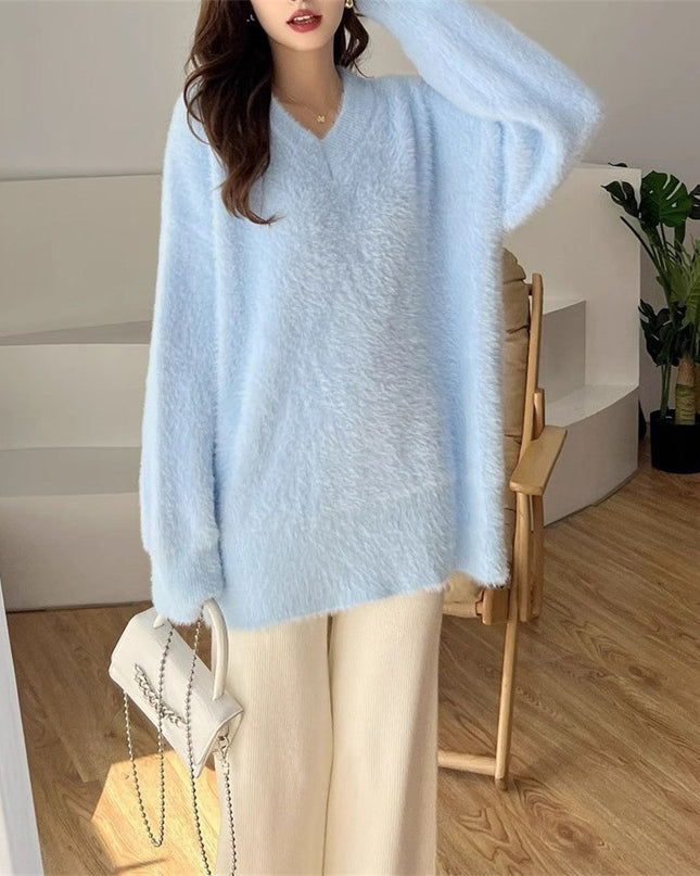 New Gentle Soft Glutinous Sweater Women's V-neck Imitated Mink