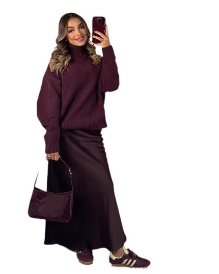Knitwear Personality Street Vintage Women's Wine Red Turtleneck Sweater