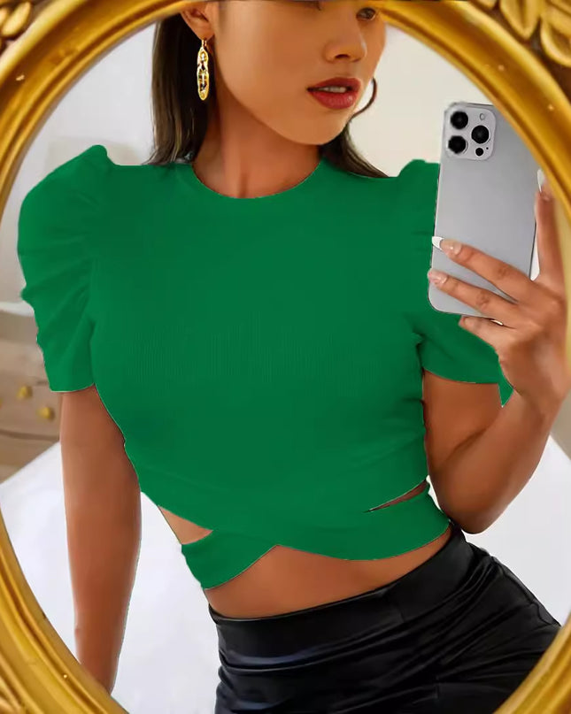 Solid Color Rib Fabric Slim Elastic Thread Round Neck Puff Short Sleeve