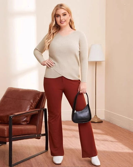 Plus Size Women's Knit Sweater V-Neck Cross Hem Long Sleeve Tunic Top For Fall Winter