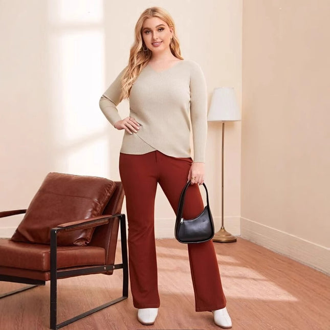 Plus Size Women's Knit Sweater V-Neck Cross Hem Long Sleeve Tunic Top For Fall Winter