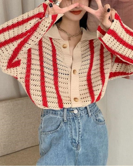Contrast Color Loose And Lazy Style Slimming Sweater Coat Cardigan