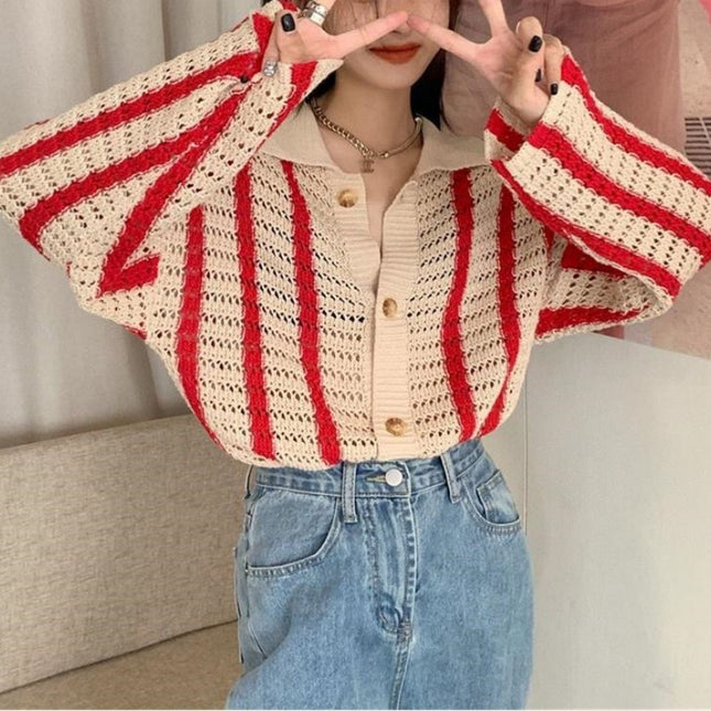 Contrast Color Loose And Lazy Style Slimming Sweater Coat Cardigan