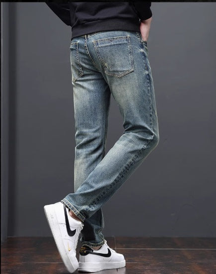 Men’s Slim Straight Elastic Business Casual Pants | Retro Blue Mid-Waist