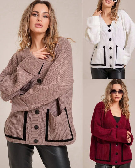 Loose-fitting V-neck Pocket Contrast Color Knitted Cardigan Sweater Coat
