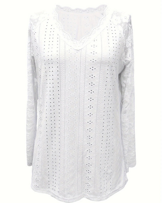 Contrast Lace V-neck Eyelet T-Shirt