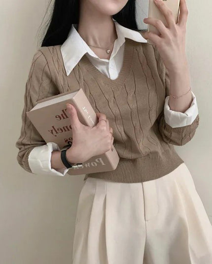 Korean Style Blouse Collar Stitching Fake Two-piece Knitted Sweaters