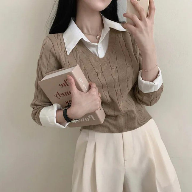 Korean Style Blouse Collar Stitching Fake Two-piece Knitted Sweaters