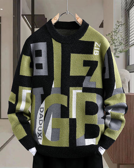 Men's Letter Jacquard Round Neck Loose Casual Sweater