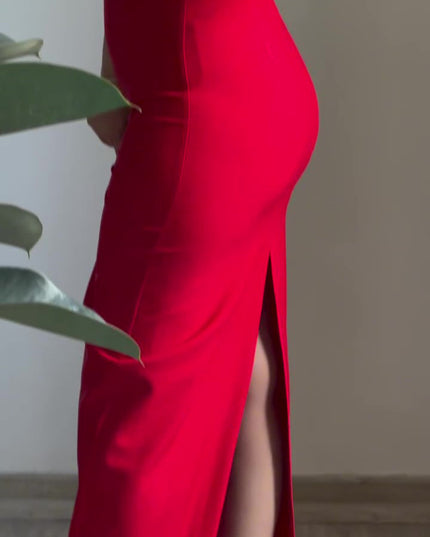 Red Sexy Back Slit Suspender Maxi Dress