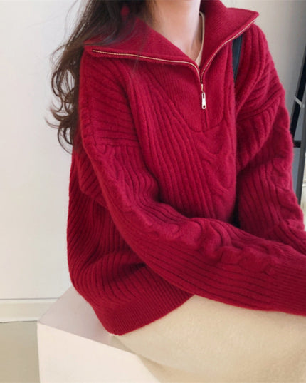 Half Zipper And Lapel Thick Sweater For Women Autumn And Winter