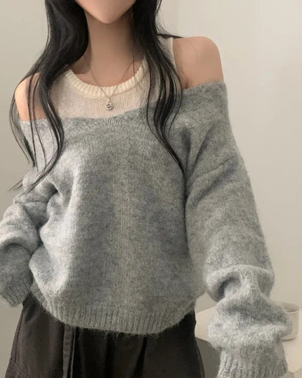 Bandage Dress Knitted Vest Soft Glutinous Loose-fitting Long Sleeve Sweater Two-piece Set