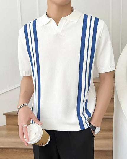 Men's Mixed Color Stripe Slim Lapel T-shirt